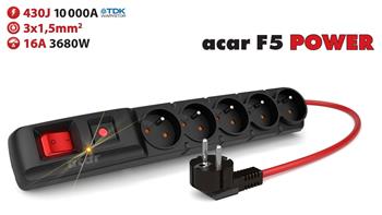Acar F5, prepäťová ochrana (5 zásuviek), vypínač, 1.5m, čierna