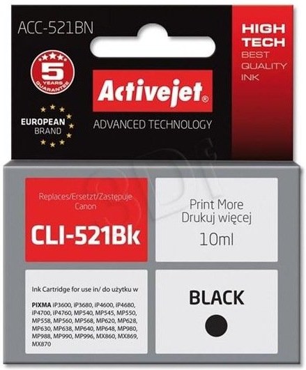 ActiveJet ink Canon CLI-521Bk, čierny, 10 ml + chip