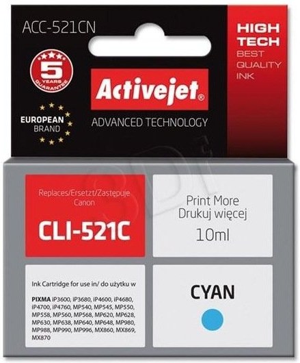ActiveJet ink Canon CLI-521C, cyan, 10 ml + chip