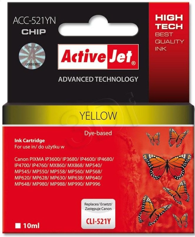ActiveJet ink Canon CLI-521Y, žltý, 10 ml + chip