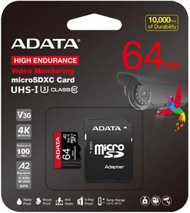ADATA High Endurance micro SDXC, 64GB UHS-I C10 V30 A2 (R:100/W:85 MB/s) + SD adaptér