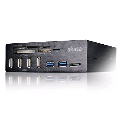 AKASA přední panel HUB AK-HC-05BK V2(6v1 čtečka, 4x USB2.0 HUB, 2x USB3.0 port, 1x e-Sata) 5,25" černý hliník