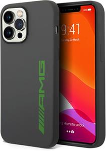 AMG Liquid Silicone Green Logo kryt pre iPhone 14 Pro Max, sivý