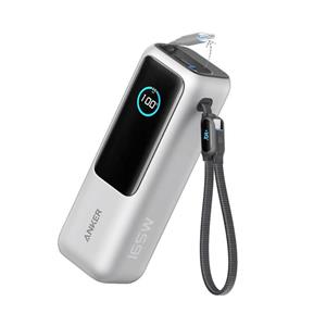 Anker powerbank, 25000mAh, 165W, zabudovaný navíjací kábel USB-C, strieborná