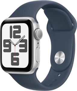 Apple Watch SE (2023), 40 mm, Strieborný hliník, búrkovo modrý športový remienok - M/L
