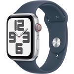 Apple Watch SE Cellular, 44mm, strieborné, búrkovo modrý športový remienok, M/L