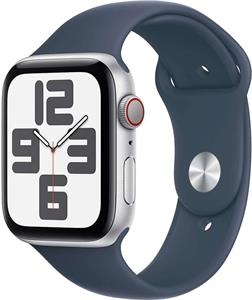 Apple Watch SE Cellular, 44mm, strieborné, búrkovo modrý športový remienok, M/L