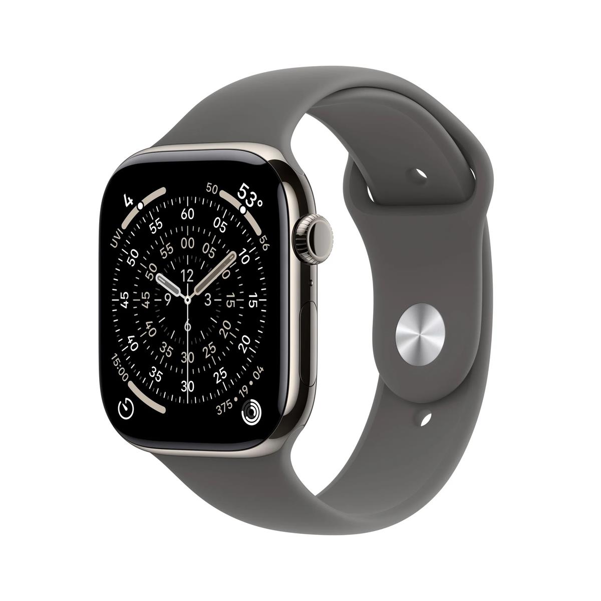 Apple Watch Series 11, 46mm, Cellular, prírodné titánové púzdro so šedým športovým remienkom S/M