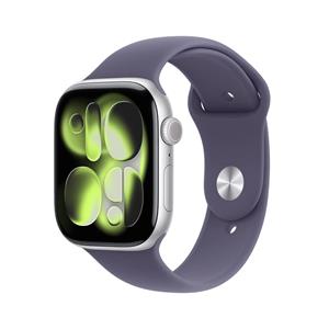 Apple Watch Series 11, 46mm, strieborné hliníkové púzdro s fialovým športovým remienkom M/L