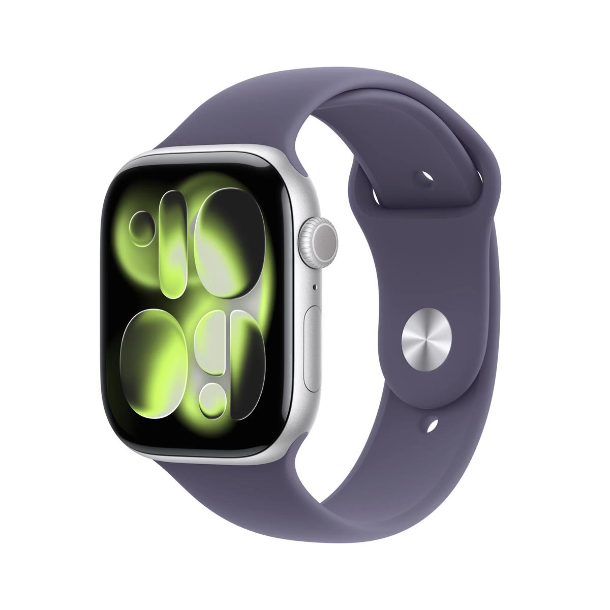 Apple Watch Series 11, 46mm, strieborné hliníkové púzdro s fialovým športovým remienkom S/M
