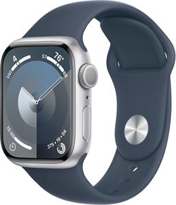 Apple Watch Series 9, 41 mm, Strieborný hliník, búrkovo modrý športový remienok - M/L