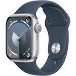 Apple Watch Series 9, 41 mm, Strieborný hliník, búrkovo modrý športový remienok - S/M