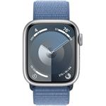 Apple Watch Series 9, 41 mm, Strieborný hliník, ľadovo modrý prevliekací športový remienok