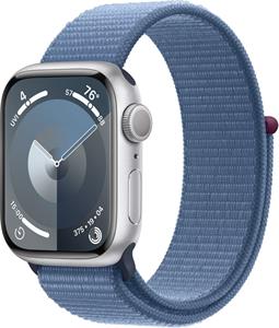 Apple Watch Series 9, 41 mm, Strieborný hliník, ľadovo modrý prevliekací športový remienok