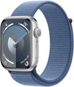 Apple Watch Series 9, 45 mm, Strieborný hliník, ľadovo modrý prevliekací športový remienok