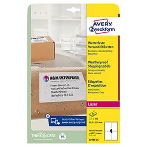 Avery Zweckform etikety 99.1mm x 139mm, A4, biele, 1 etiketa, vode odolné, balené po 25 ks, L7994-25, pre laserové tlačiarne