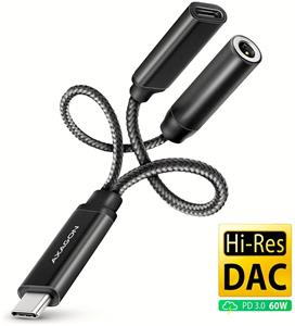 Axagon ADA-HCPD, redukcia USB-C na 3.5mm jack + USB-C, káblová, 0,10m