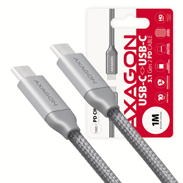 AXAGON BUCM3-CM10G, PD 100W kabel USB-C <-> USB-C 3.2 Gen 2, 1m, 5A, oplet, šedý