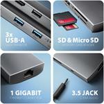 Axagon HMC-8HLSA, USB hub, 3x USB-A, HDMI, RJ-45, PD 100W