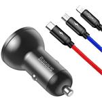 Baseus auto nabíjačka s káblom 3v1(microUSB/USB-C/Lightning) 24W 2xUSB