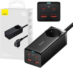 Baseus GaN3 Pro rýchlo nabíjací stolní adaptér 2x USB-C + 2x USB-A + AC 100W 1.5m kabel černá