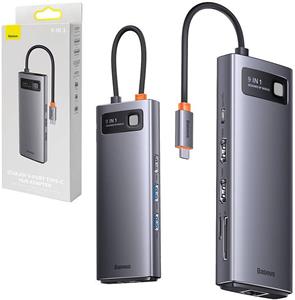 Baseus Metal Gleam Series Hub 9in1 USB-C do 2x USB 3.0 + 2x HDMI + USB 2.0 + USB-C PD + Ethernet RJ45 + microSD/SD, sivá