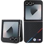 BMW M PU Carbon Tricolor Stripe kryt pre Samsung Galaxy Z Flip 6, čierny