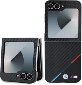 BMW M PU Carbon Tricolor Stripe kryt pre Samsung Galaxy Z Flip 6, čierny