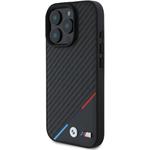 BMW M PU Carbon Tricolor Stripe MagSafe kryt pre iPhone 16 Pro, čierny