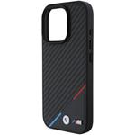 BMW M PU Carbon Tricolor Stripe MagSafe kryt pre iPhone 16 Pro, čierny