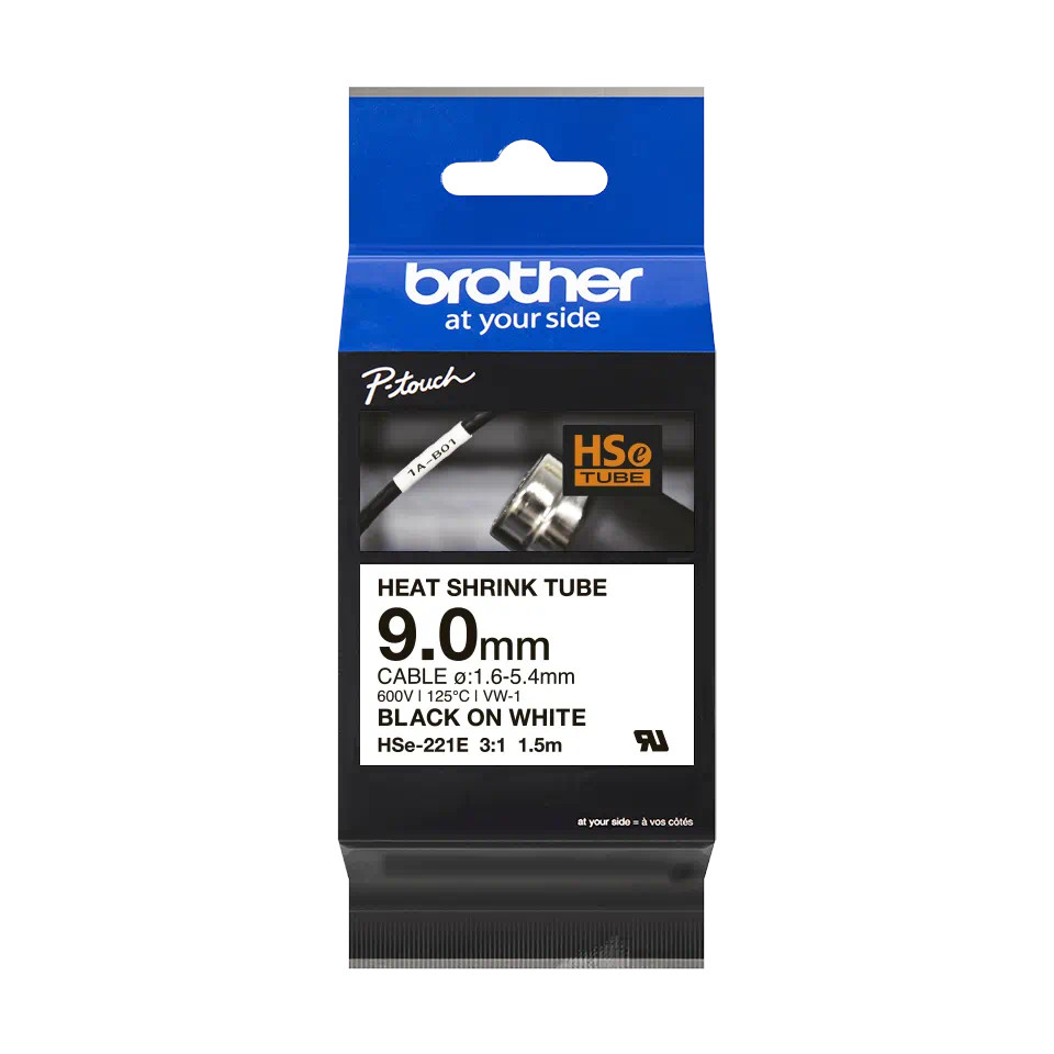 Brother HSe-221E 9mm, biela / čierna tlač, 1.5m, bužírka