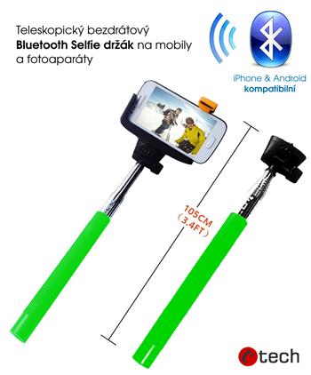 C-Tech Teleskopický selfie držák BT spúšť, zelená
