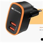Canyon CNE-CHA02B, univerzálna nabíjačka do steny, 2x USB, 5V/2.4A, ochrana proti prepätiu, čierna s oranžovým pruhom