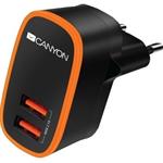Canyon CNE-CHA02B, univerzálna nabíjačka do steny, 2x USB, 5V/2.4A, ochrana proti prepätiu, čierna s oranžovým pruhom