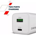 Canyon CU45AC, vysokorýchlostná nabíjačka USB-C 45W, USB-A 18W, biela