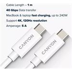 Canyon UC-44, 1 m kábel USB-C / USB-C, 48V/5A, výkon 240W EPR, 400GBPS, pre notebooky, E-mark čip, biely