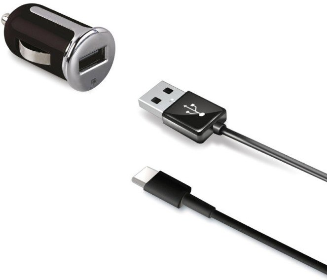 CELLY Turbo autonabíjačka s USB konektorom a kábla USB-C, 2,4 A, čierna