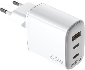 CELLY USB-C/USB-A 65W vysokorýchlostná nabíjačka, GaN, biela