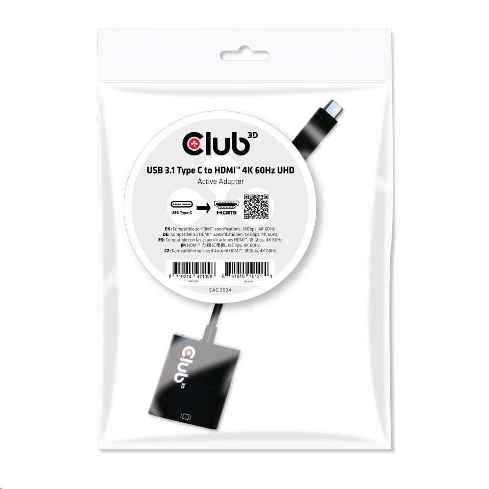 Club3D Adaptér aktívny USB 3.1 typ C na HDMI 2.0, UHD, 17 cm