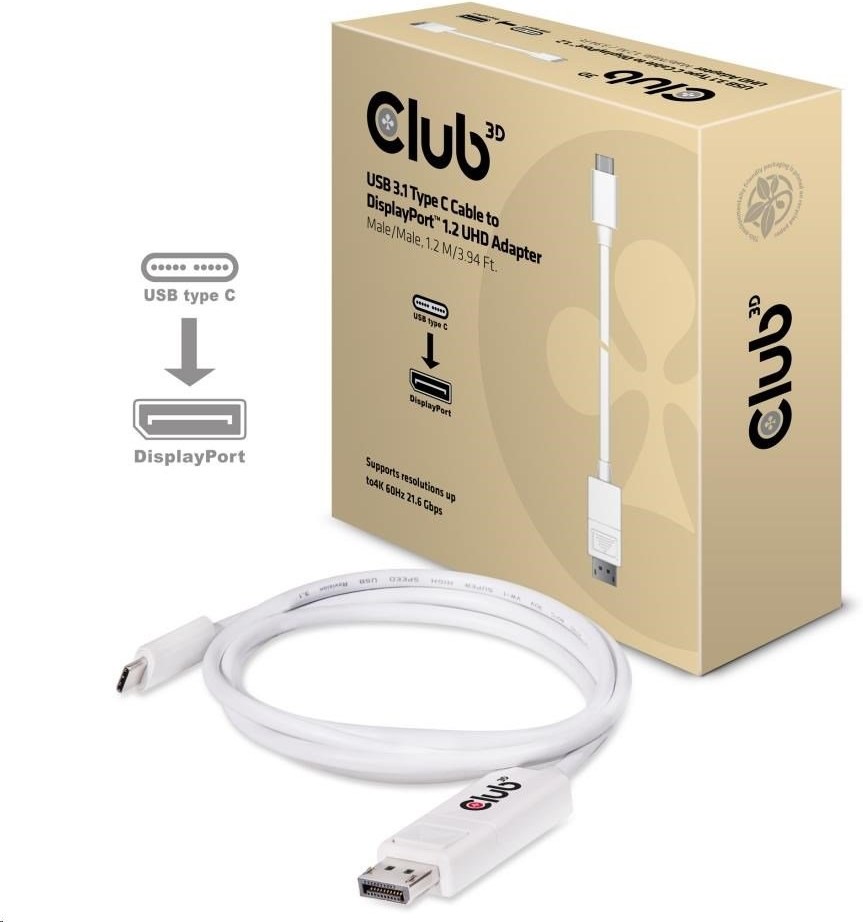 Club3D, USB-C/DP 1.2, M/M, 1.2m, biely
