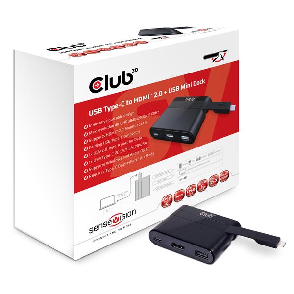 Club3D USB3.1C-HDMI+USB2.0+USB3.1C video prevodník M/F+F+F, adaptér