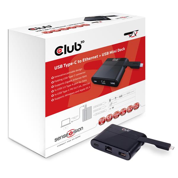 Club3D USB3.1C-RJ45+USB3.0+USB3.1C redukcia M/F+F+F, adaptér