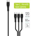 ColorWay 3v1 kábel Lightning+MicroUSB+USB-C, 3.0A, PD 60W data, 20W, 1.2m, čierny