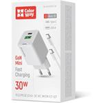ColorWay AC nabíjačka GaN Mini 30W PD Port PPS USB (Type-C PD + USB QC4.0), s káblom Type-C, biela