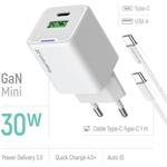 ColorWay AC nabíjačka GaN Mini 30W PD Port PPS USB (Type-C PD + USB QC4.0), s káblom Type-C, biela