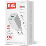 ColorWay AC nabíjačka GaN Mini 35W PD Port PPS USB (Type-C PD + USB QC4.0), kábel Type-C, biela