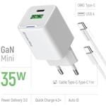 ColorWay AC nabíjačka GaN Mini 35W PD Port PPS USB (Type-C PD + USB QC4.0), kábel Type-C, biela