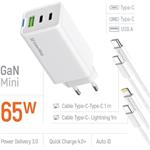 ColorWay AC nabíjačka GaN Mini 65W PD Port PPS USB (USB-2C1A) káble Type-C & Lightning