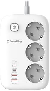 ColorWay CW-CHE34PDW, 65W, predlžovací prívod, 3 zásuvky, 4× USB, 2 m