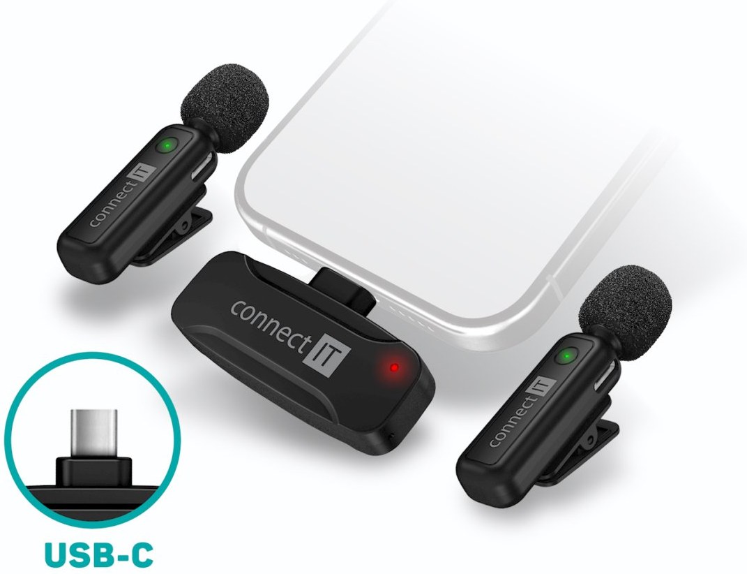 Connect IT bezdrôtový mikrofón, USB-C, 2 ks + receiver, čierny